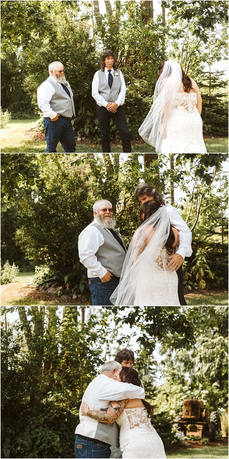A bride in a white dress and veil shares an emotional outdoor first look with two men in vests and shirts they hug each other warmly under the trees in a sunny green snohomish setting Snohomish wedding photography