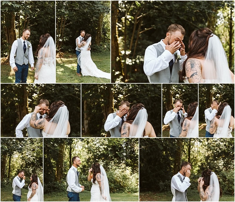 A collage of photos shows an emotional groom and bride during their outdoor snohomish wedding first look they smile embrace and wipe tears amidst a backdrop of green trees and sunlight Snohomish wedding photography