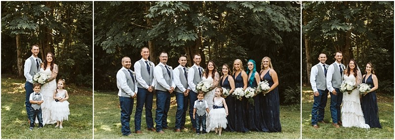 Three group photos outdoors in snohomish a wedding party stands on grass with trees behind them The group includes men in vests and ties women in dark blue dresses and two young children in formal outfits Snohomish wedding photography