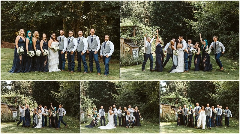 A collage of outdoor wedding photos in snohomish shows a wedding party in navy and gray attire posing cheerfully together on a grassy lawn surrounded by trees and rustic wooden decor Snohomish wedding photography