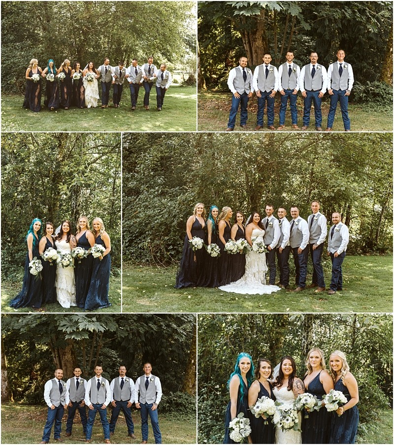 A collage of five outdoor wedding photos in snohomish shows a bride six bridesmaids in dark dresses and six groomsmen in vests and ties all posing on a grassy area surrounded by trees Snohomish wedding photography
