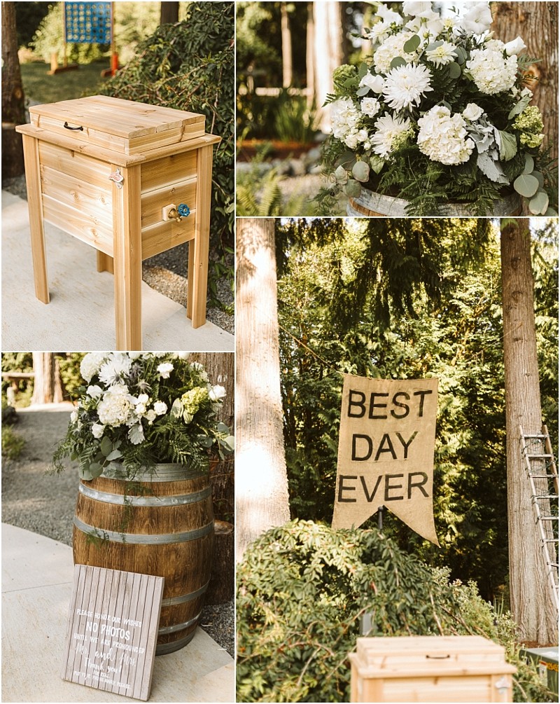 Collage of outdoor wedding decor in snohomish wooden cooler white floral arrangements a burlap best day ever banner a wood barrel and a no photos during the ceremony please sign all set among trees Snohomish wedding photography