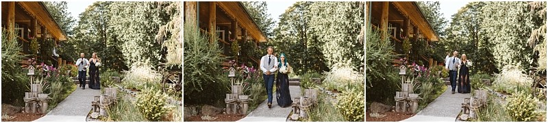 Three side by side photos show a couple dressed formally walking down a garden path next to a rustic snohomish wooden house surrounded by lush greenery and flowers Snohomish wedding photography