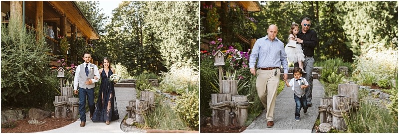 Two photos side by side show people walking outdoors on a stone path surrounded by greenery in snohomish On the left a man and woman walk arm in arm On the right two men stroll with a young boy and girl Snohomish wedding photography