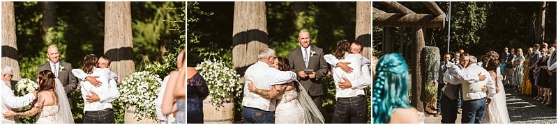Three panel image of an outdoor snohomish wedding ceremony a bride and groom embrace family members near trees and floral arrangements with guests seated and watching in the sunlight Snohomish wedding photography