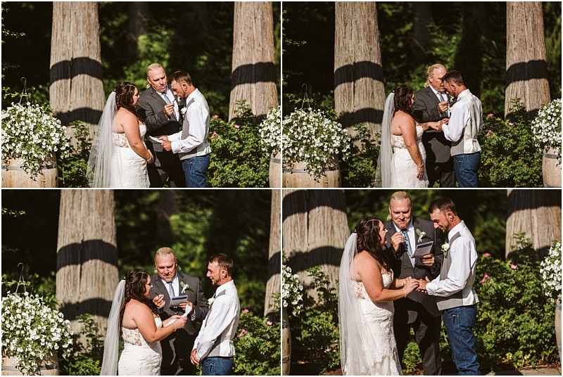 Four wedding ceremony photos show a bride and groom exchanging vows and rings outdoors in snohomish with a man officiating between them Tall trees and white flowers create a romantic backdrop and emotions are clear on the couples faces Snohomish wedding photography
