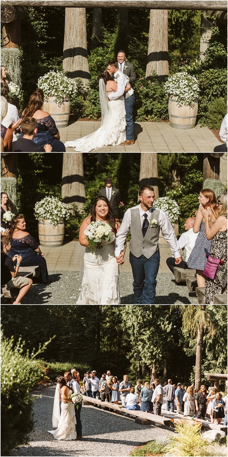 A bride and groom kiss under a wooden arbor then walk down the aisle holding hands and smiling surrounded by guests in a charming snohomish outdoor garden wedding setting Snohomish wedding photography