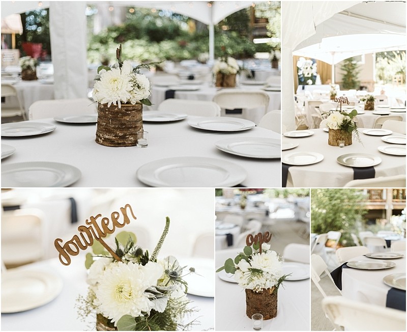 A collage of outdoor snohomish wedding tables with white tablecloths rustic floral centerpieces in wood vases and wooden table numbers Plates are set around each centerpiece under a white canopy Snohomish wedding photography