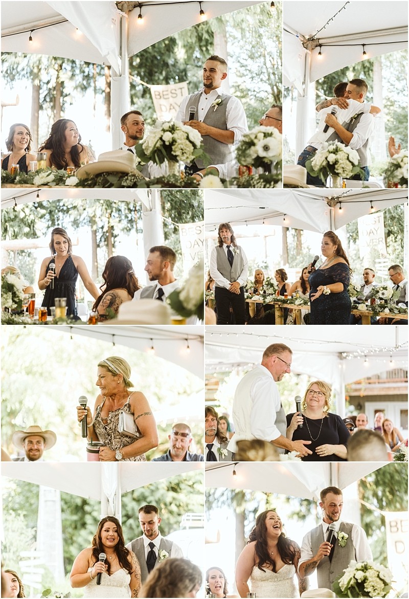 A collage of wedding reception moments in snohomish speeches laughter hugs and toasts under a white tent with string lights Guests and the wedding couple share joyful and emotional interactions Snohomish wedding photography