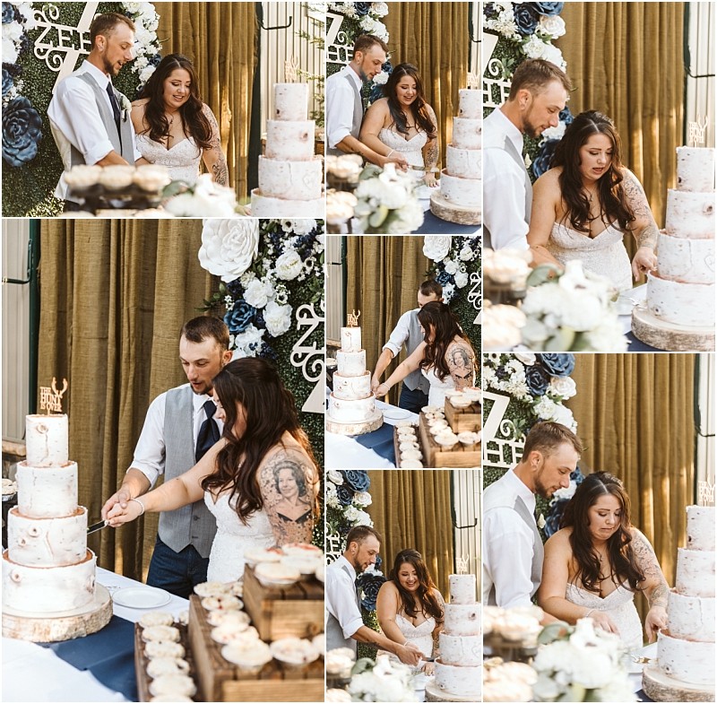A collage of images shows a bride and groom cutting their wedding cake together in snohomish smiling and laughing surrounded by cupcakes and floral decorations The bride wears a white dress and the groom is in a vest and tie Snohomish wedding photography
