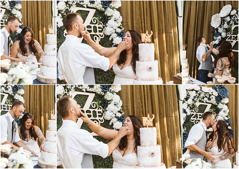 A collage of four wedding photos shows a snohomish bride and groom playfully feeding each other cake and laughing with a decorated cake and floral backdrop behind them Snohomish wedding photography