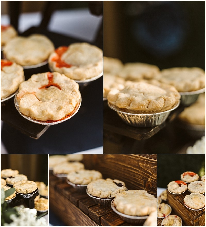 A collage of close up photos shows small individual fruit pies in aluminum tins displayed on dark trays and wooden shelves in a snohomish bakery The pies have golden flaky crusts with hints of fruit filling visible Snohomish wedding photography