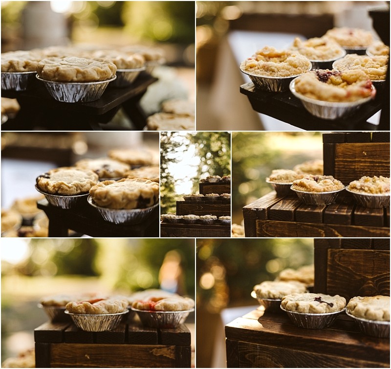 A collage of close up photos showing small baked pies in foil tins displayed on rustic wooden stands outdoors in snohomish with warm natural lighting and greenery in the background Snohomish wedding photography