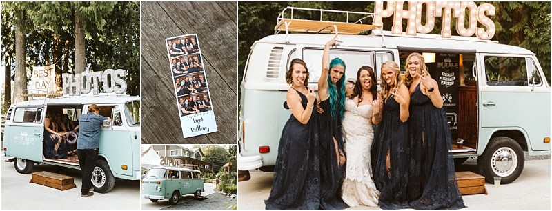 A collage shows a vintage mint green photo booth van labeled photos a strip of photo booth pictures and a bride with four bridesmaids in black dresses posing excitedly in front of the van at a snohomish celebration Snohomish wedding photography