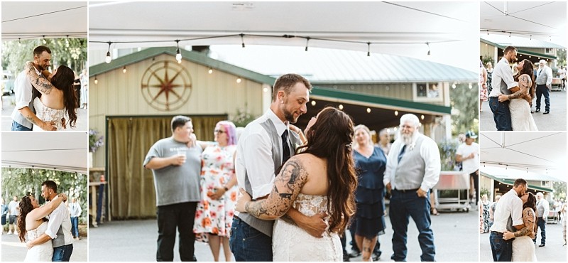 A collage of wedding photos shows a bride and groom sharing their first dance outdoors in snohomish Family and friends watch in the background near a barn style building decorated with string lights Snohomish wedding photography