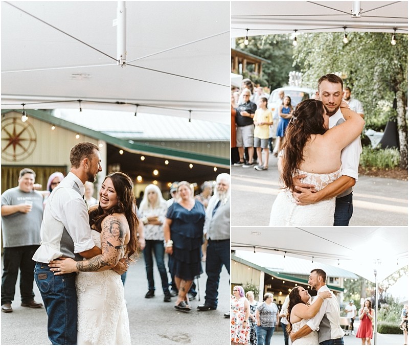 A bride and groom share a joyful first dance outdoors under a snohomish tent surrounded by guests The bride laughs while the groom holds her closely people watch and smile in the background Snohomish wedding photography