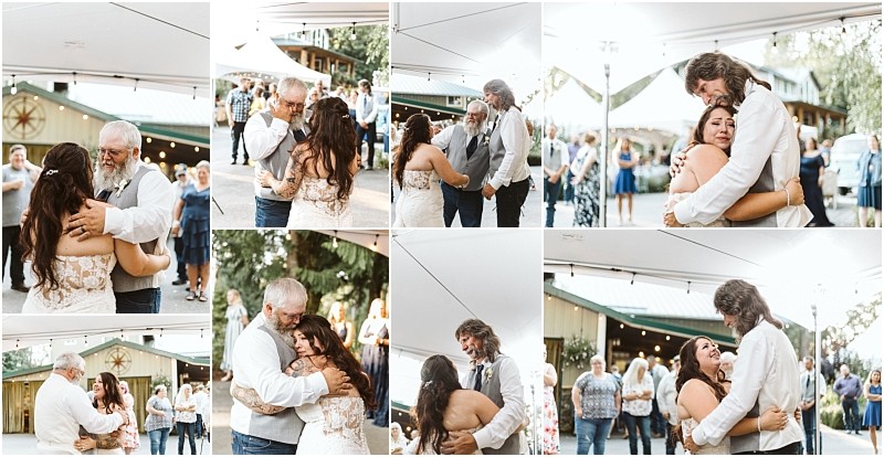A collage of wedding photos shows a bride dancing with her father and then with her groom outdoors in snohomish surrounded by smiling guests under a canopy with a rustic barn in the background Snohomish wedding photography
