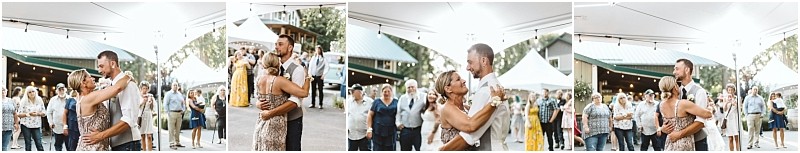 A man and an older woman dance together at a snohomish outdoor event while people watch and smile in the background under string lights and tents Snohomish wedding photography