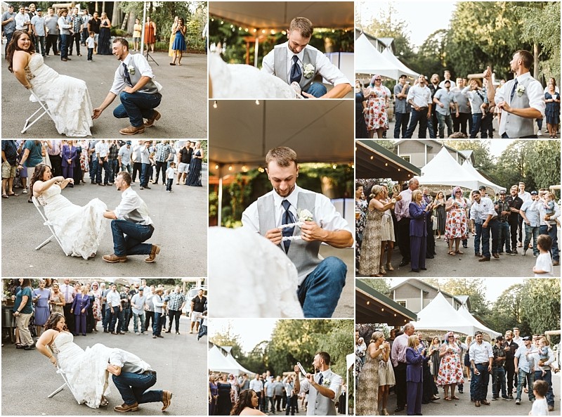 A collage of wedding photos in snohomish shows a groom playfully removing the brides garter as guests watch and cheer outdoors under tents The couple and their guests are smiling and dressed in formal attire Snohomish wedding photography