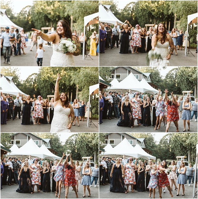 A collage of six photos shows a bride throwing her bouquet to a group of excited female guests outdoors in snohomish with attendees cheering and reaching to catch it during a joyful wedding celebration Snohomish wedding photography
