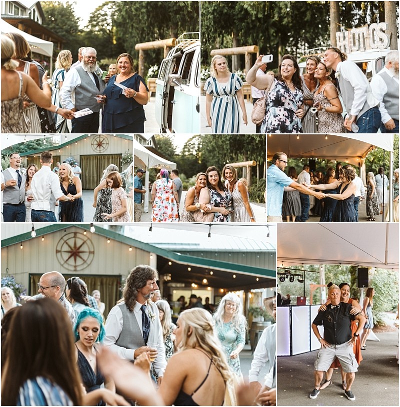 A collage of candid outdoor wedding reception photos in snohomish shows guests mingling dancing taking selfies and enjoying themselves in front of rustic buildings and under string lights Snohomish wedding photography