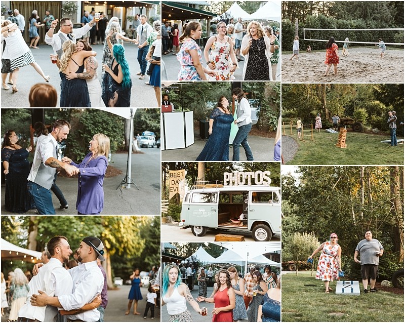 A collage of outdoor wedding reception scenes in snohomish shows guests dancing playing lawn games mingling taking photos in a green photo van and enjoying a volleyball match amid lush greenery and a festive relaxed atmosphere Snohomish wedding photography