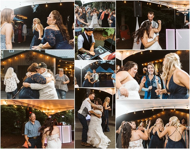 A collage of outdoor wedding reception moments in snohomish showing guests dancing hugging and celebrating under string lights A dj plays music while people smile and enjoy the lively atmosphere Snohomish wedding photography