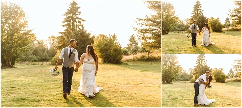 A bride and groom walk hand in hand on a sunlit snohomish lawn smiling at each other Smaller images show them embracing and kissing surrounded by trees and golden light Snohomish wedding photography