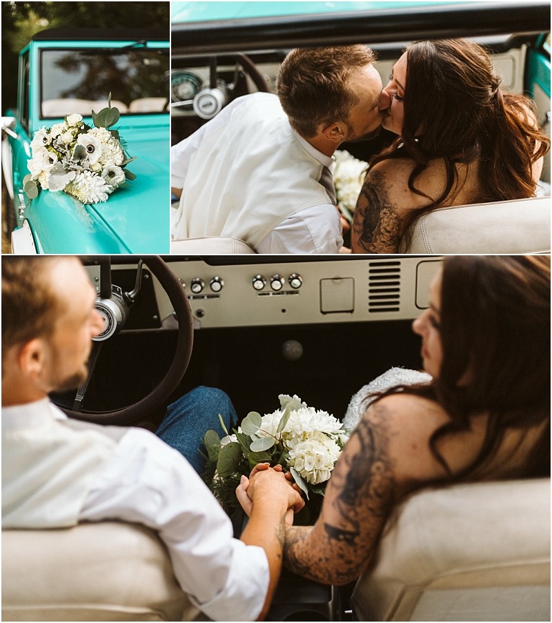 A couple sits in a vintage turquoise convertible in snohomish they kiss in the top right photo hold hands in the bottom photo and a bouquet of white flowers rests on the dashboard in the top left photo Snohomish wedding photography