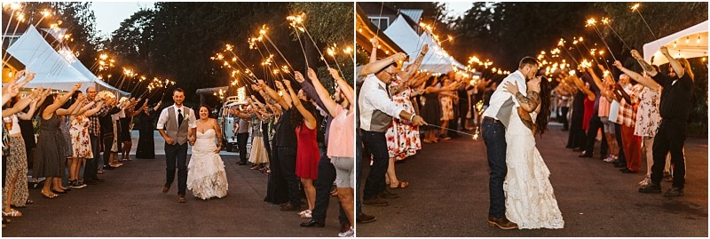Two wedding photos in snohomish the first shows a bride and groom walking through a crowd holding sparklers The second captures the couple kissing under sparklers as guests cheer on both sides celebrating outdoors in the evening Snohomish wedding photography