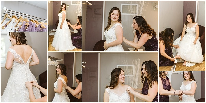 A collage of photos shows a bride in a white wedding dress getting ready in snohomish helped by a woman in a purple dress adjusting the gown and fastening the back Dresses on hangers are also visible Snohomish wedding photography