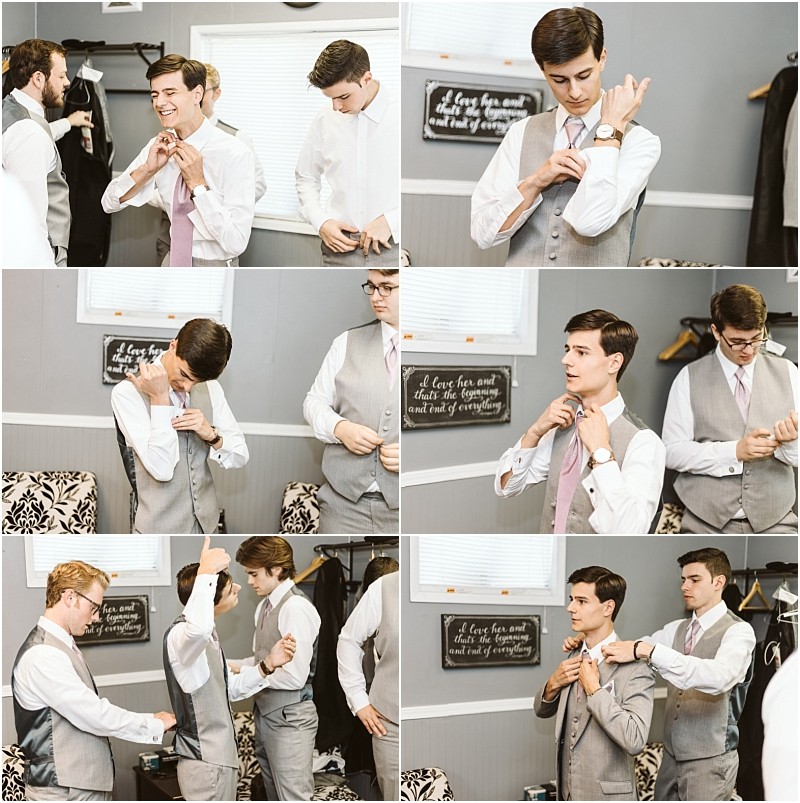 A collage of six photos shows men in gray vests and pink ties getting ready in a snohomish room adjusting ties cufflinks and helping each other with their attire The atmosphere is casual and focused Snohomish wedding photography