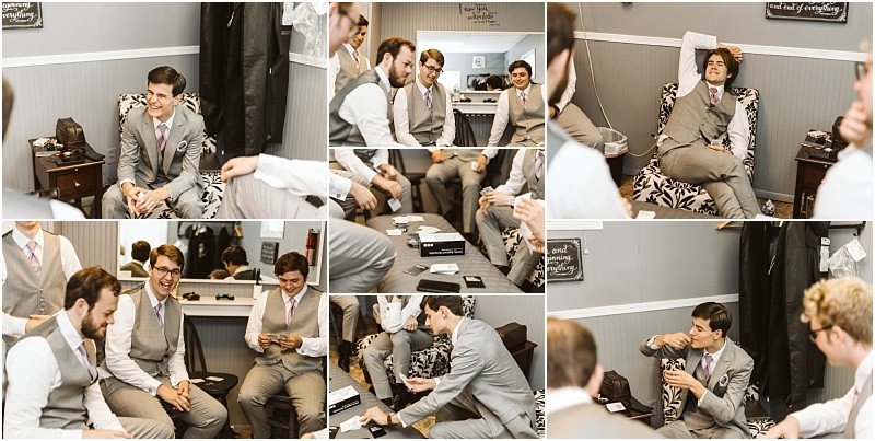 A series of candid photos shows a group of men dressed in suits and vests laughing chatting and playing cards in a small snohomish room with gray walls and a mirror as they prepare for a formal event Snohomish wedding photography