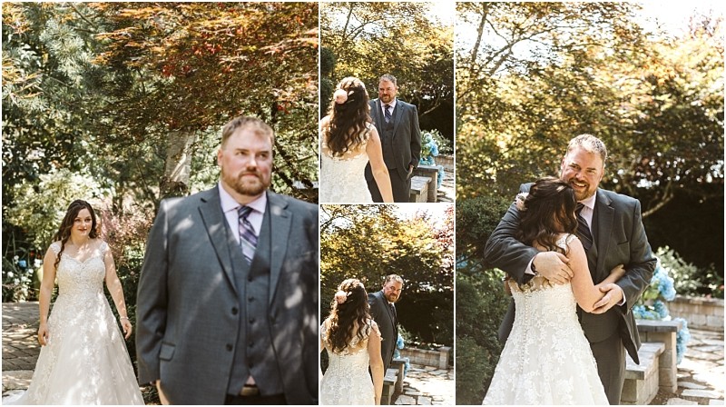 A collage shows a bride and groom outdoors in snohomish The groom looks surprised and emotional as he sees the bride in her wedding dress They smile and embrace under sunlight filtered by trees Snohomish wedding photography