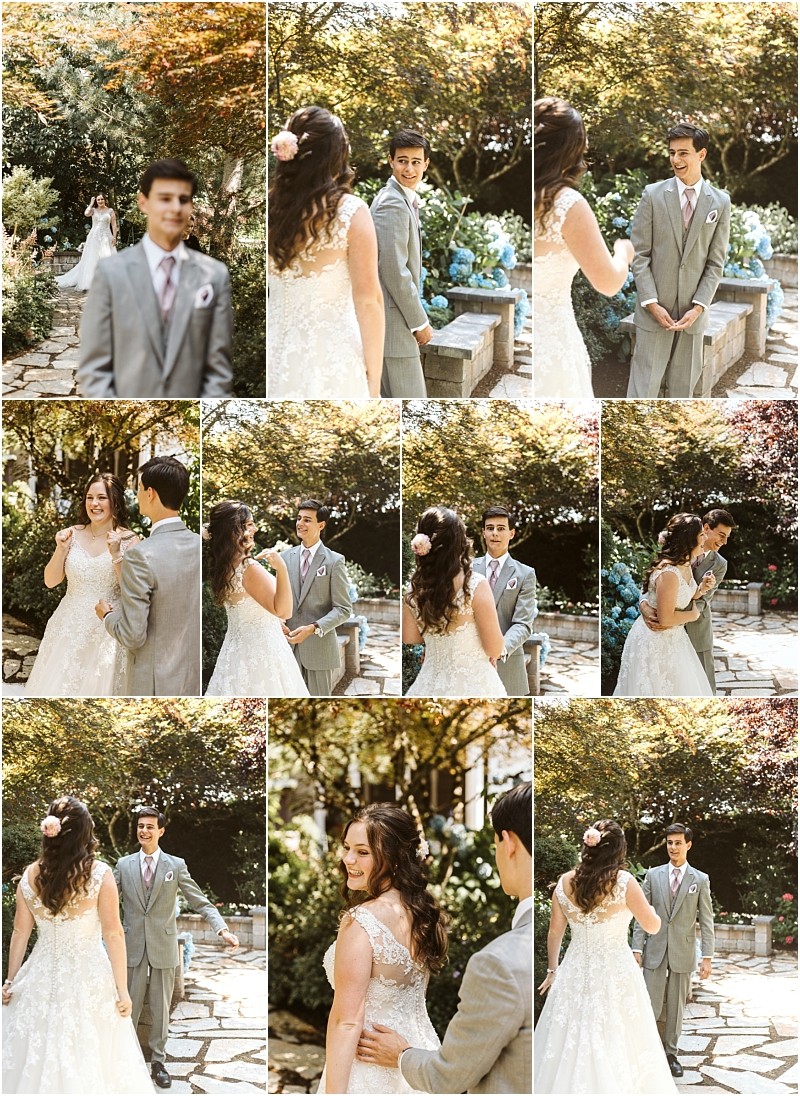 A collage of wedding photos shows a bride and grooms first look in a snohomish garden The bride wears a white dress and the groom wears a gray suit They react with joy and emotion as they see each other for the first time Snohomish wedding photography