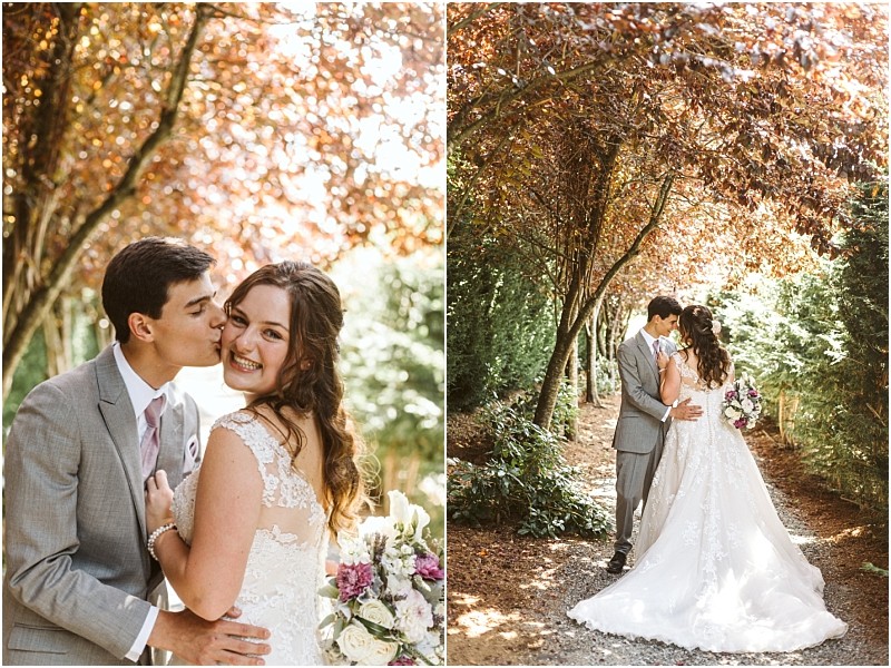 A bride and groom pose outdoors under leafy snohomish trees In one photo the groom kisses the smiling bride on the cheek in another they stand together the bride holding a bouquet and wearing a lace dress Snohomish wedding photography