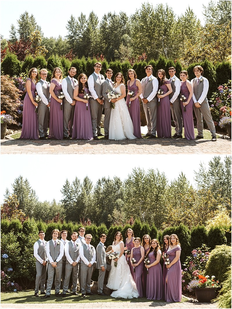 Two group wedding photos the bride in a white dress stands with bridesmaids in purple dresses and groomsmen in gray vests and pants all posing outdoors amidst snohomishs green trees and colorful plants Snohomish wedding photography