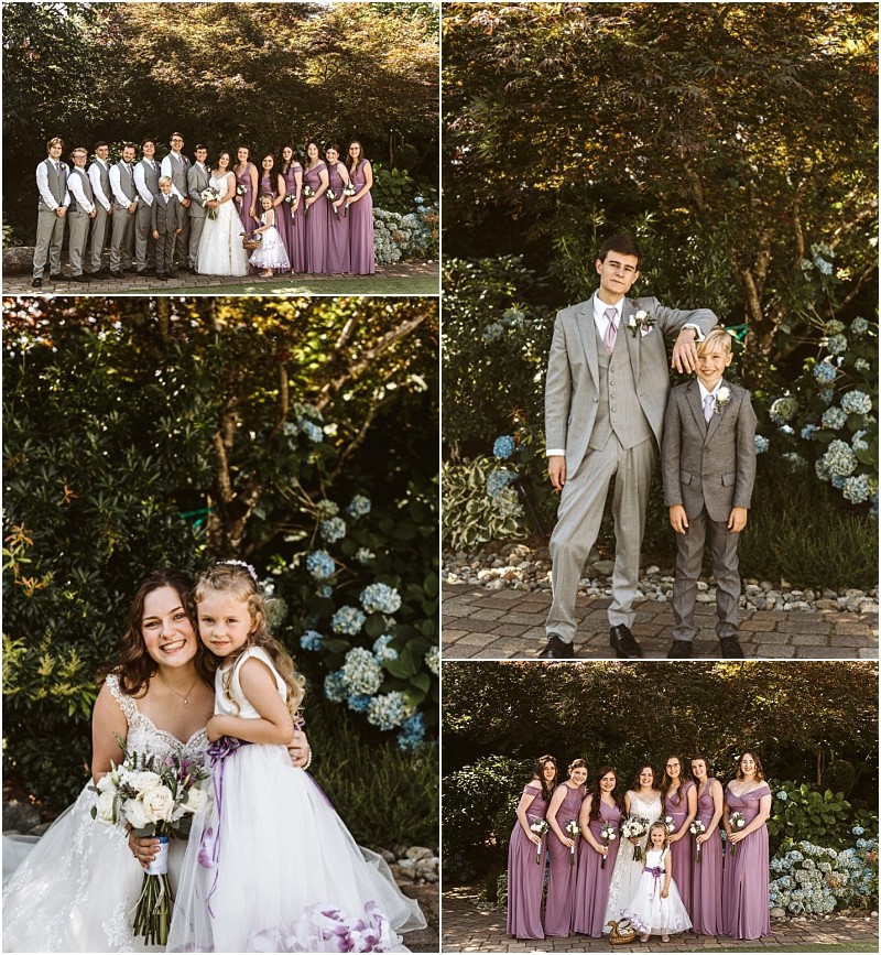A collage of wedding photos in snohomish shows a bride groom bridesmaids in lavender dresses groomsmen in gray suits a smiling girl in a white dress and group portraits outdoors with lush green foliage and flowers Snohomish wedding photography