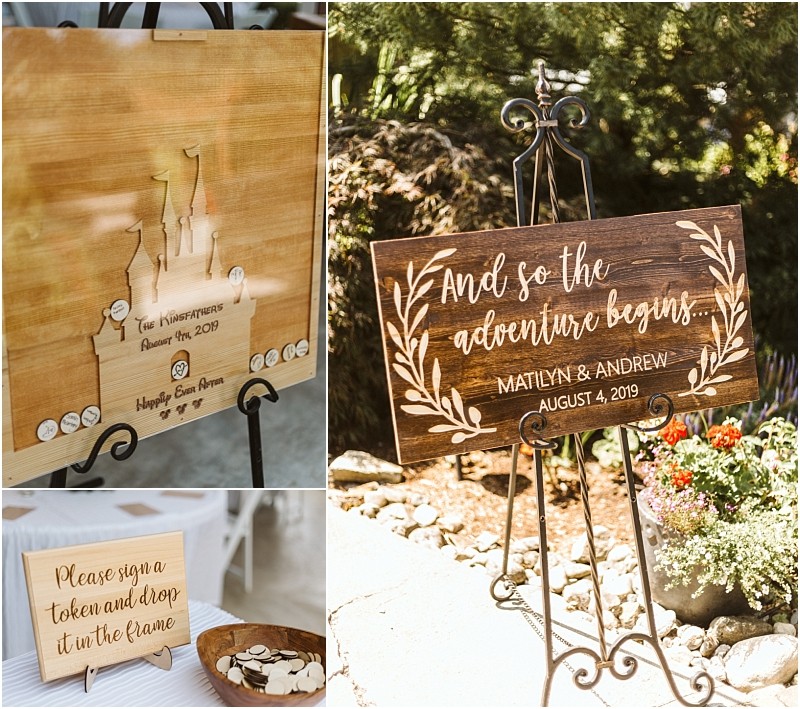 A collage of three wedding signs in snohomish a wooden sign with a castle and tokens a dark wood sign reading and so the adventure begins matilyn & andrew august 4 2019 and a small sign inviting guests to sign and drop a token in the frame Snohomish wedding photography