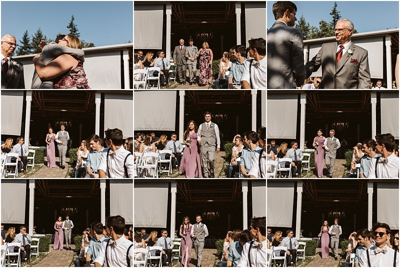 A collage of outdoor wedding photos in snohomish shows guests seated people walking down the aisle and joyful interactions including a hug The scene features sunny weather lush greenery and a rustic barn as the backdrop Snohomish wedding photography