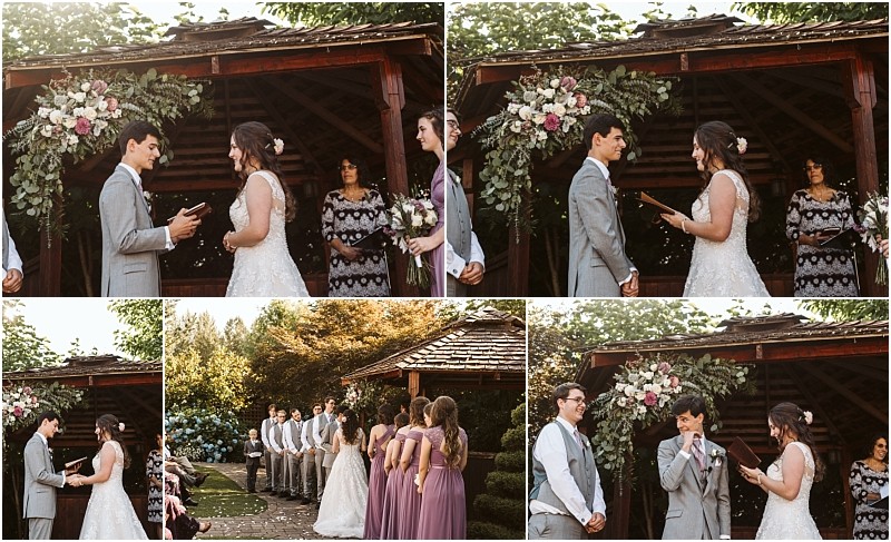 A collage of five photos shows a snohomish wedding ceremony outdoors The bride and groom exchange vows near a wooden gazebo adorned with flower arrangements surrounded by bridesmaids and groomsmen in formal attire Snohomish wedding photography
