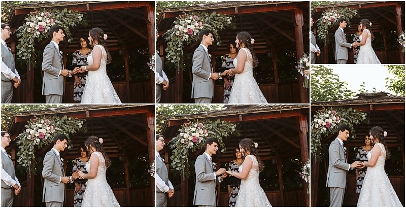 A collage of wedding photos shows a bride and groom exchanging vows and rings under a wooden arch decorated with flowers in snohomish with an officiant standing nearby The couple smiles and holds hands during the ceremony outdoors Snohomish wedding photography