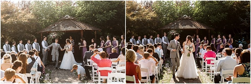 A bride and groom stand at the altar during an outdoor snohomish wedding ceremony surrounded by their bridal party and guests In the next image they walk down the aisle together smiling as guests watch and take photos Snohomish wedding photography
