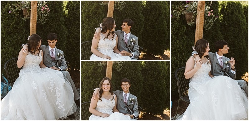 A bride and groom sit together outdoors on a bench in snohomish smiling and interacting with each other in three candid wedding photos Green trees and floral decorations are in the background Snohomish wedding photography