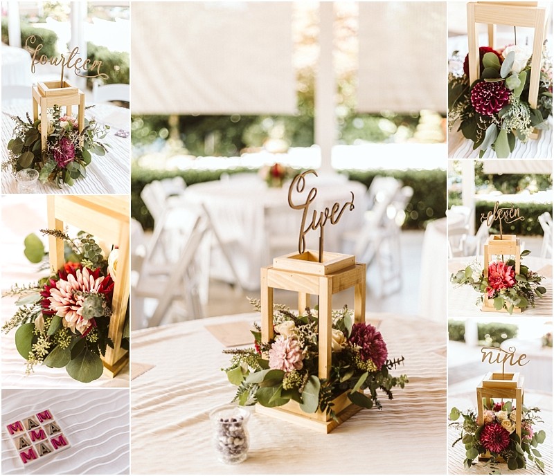 Collage of wedding table centerpieces with wooden lanterns pink and red flowers greenery and calligraphy table numbers White tables and chairs are set in a bright sunny snohomish venue Snohomish wedding photography