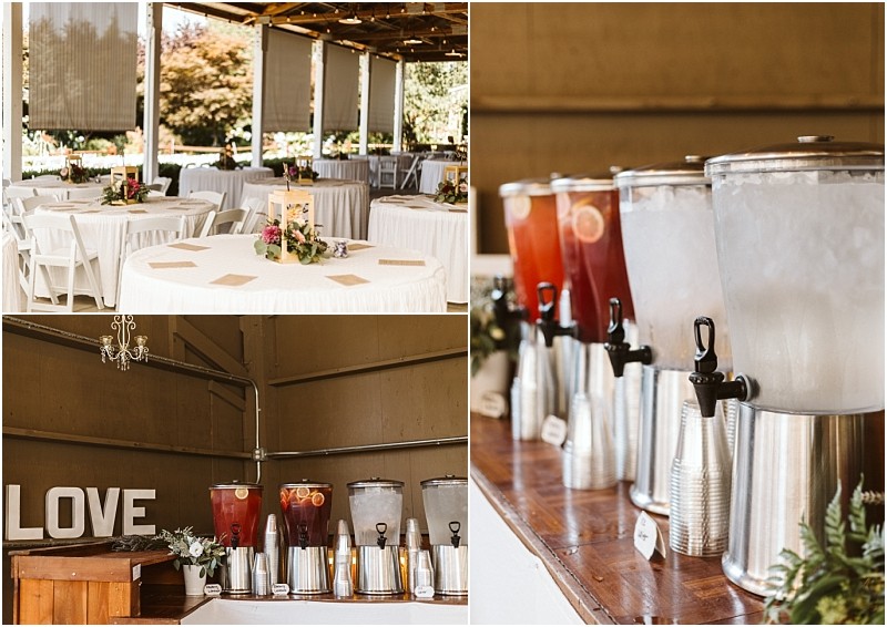 A collage shows a snohomish wedding reception round tables with white linens and floral centerpieces large drink dispensers with various beverages and a decorative love sign on a wooden counter Snohomish wedding photography