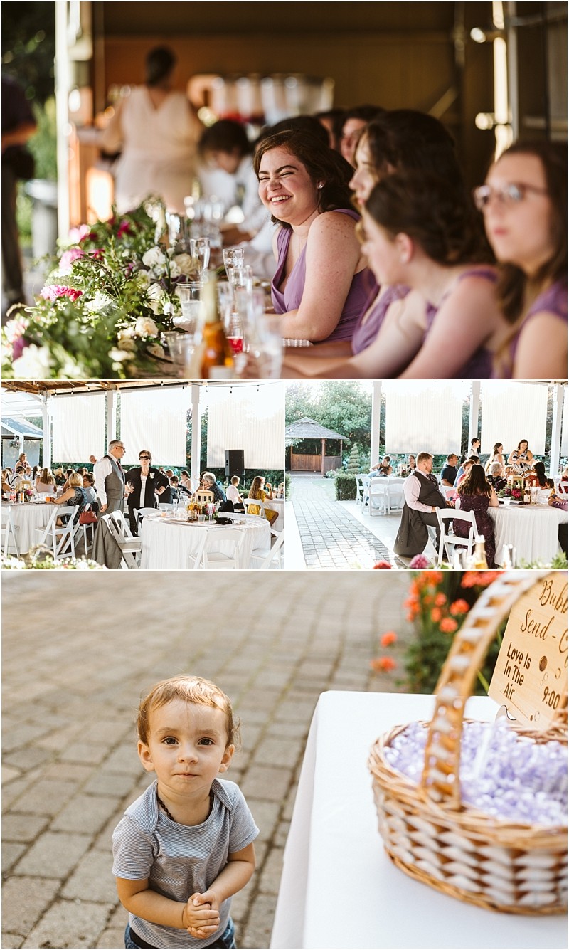 A collage of wedding scenes in snohomish bridesmaids in lavender dresses sit smiling at a flower adorned table guests dine at round tables outdoors and a young child stands by a basket on a table outside Snohomish wedding photography