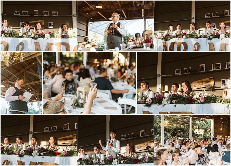 A collage of wedding reception photos in snohomish shows guests seated at decorated tables people giving speeches and attendees raising glasses for toasts in a warmly lit venue Snohomish wedding photography