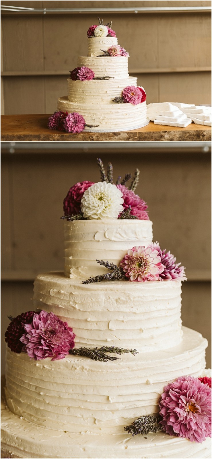 A three tiered white frosted cake decorated with pink purple and white flowers sits elegantly on a wooden table perfect for a snohomish celebration set against a plain background Snohomish wedding photography