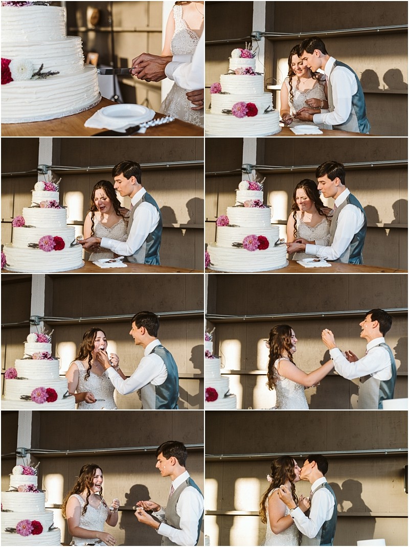 A collage of six images shows a snohomish bride and groom cutting and feeding each other slices of a tiered white wedding cake decorated with pink flowers smiling and laughing together Snohomish wedding photography
